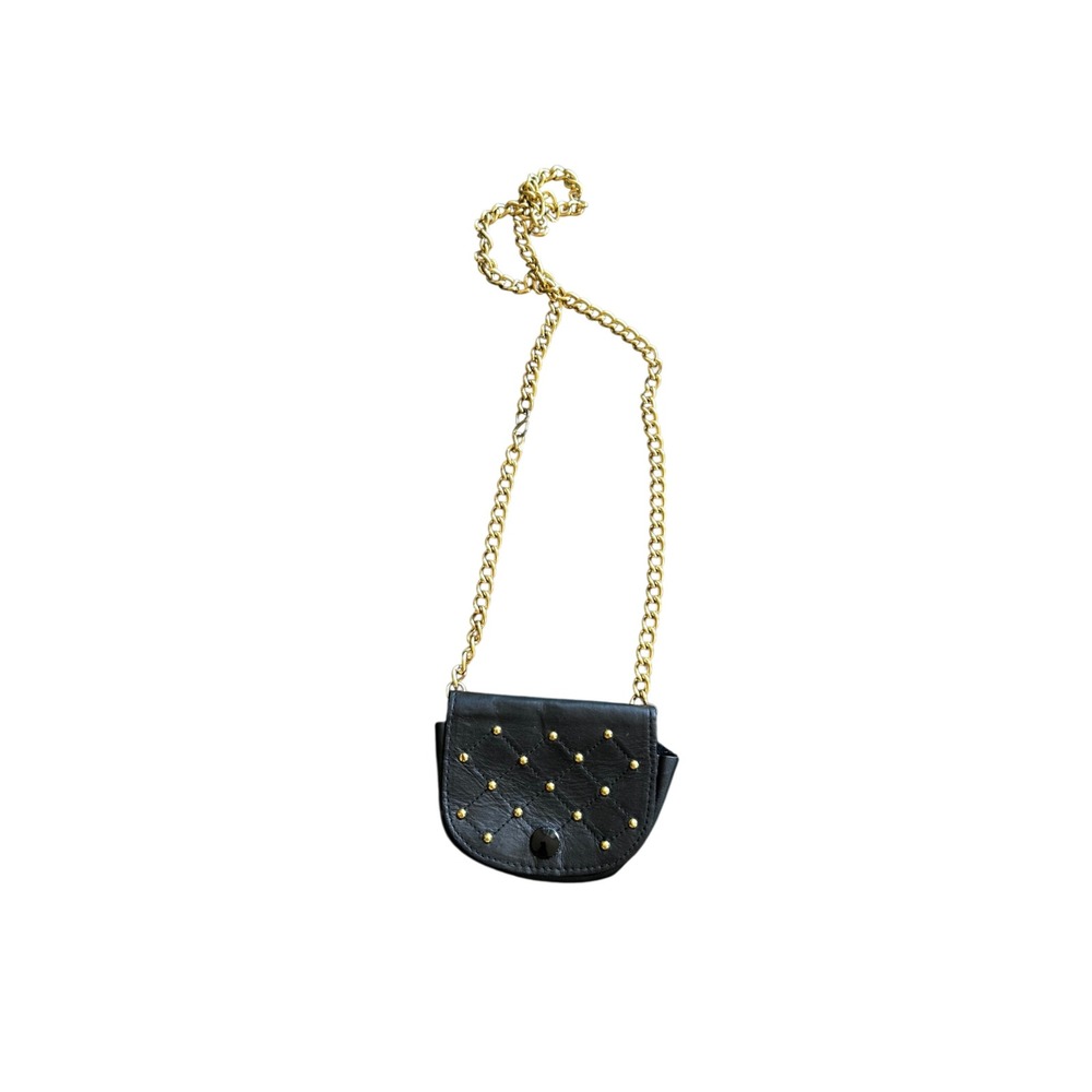 Black Quilted Leather Micro Crossbody Bag Studded Mini Coin Purse Chain Strap